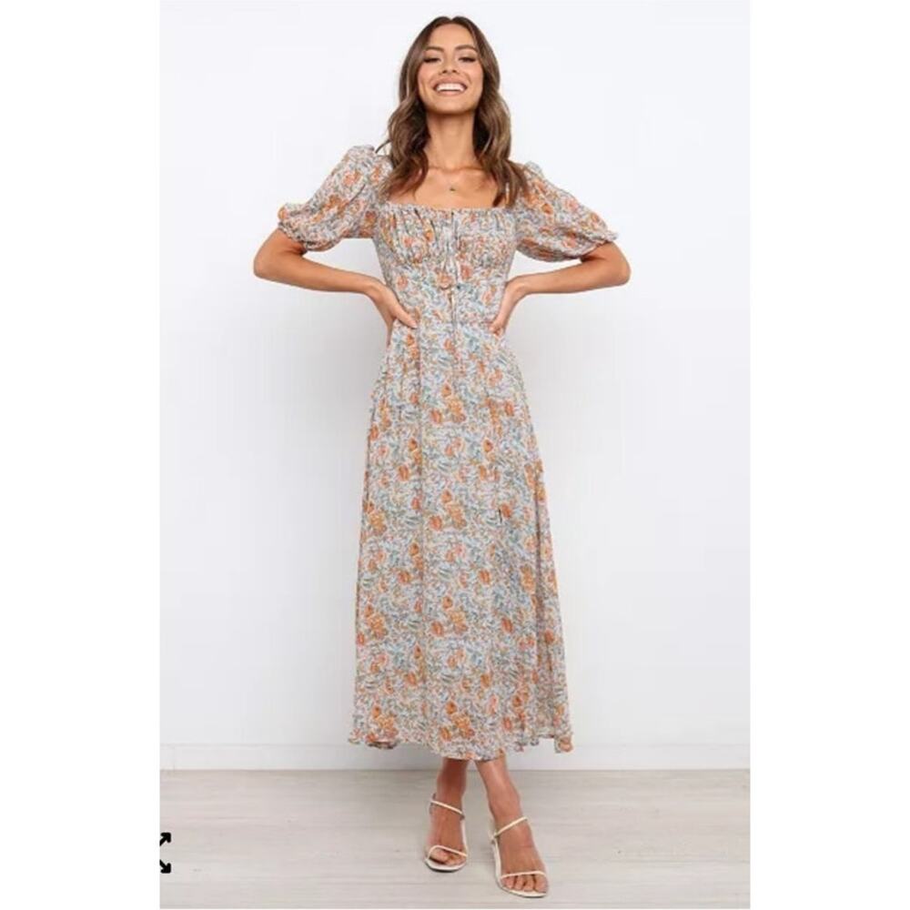 Petal & Pup Floral Midi Dress Puff Sleeve Cottagecore Romantic Sz 6